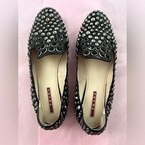 PRADA Studded Crystals Black Leather Slip On Smoking Loafers Flats Shoes Sz 38